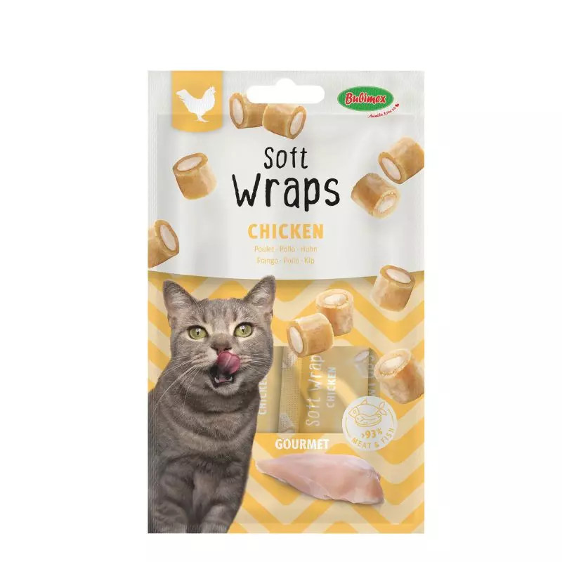 Offrez à votre chat un en-cas irrésistible avec les Soft Wraps, de délicieuses friandises composées à 93% de viande et de poisso